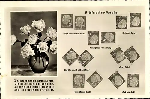 Briefmarken Ak Briefmarkensprache, Rosen, Blumenvase