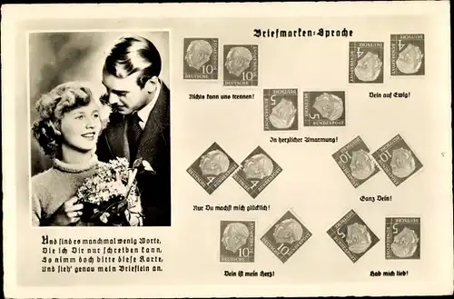 Briefmarken Ak Briefmarkensprache, Liebespaar, In herzlicher Umarmung