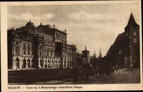Ak Kraków Krakau Polen, Theater, Kirche, Teatr im. J. Slowackiego i kosciol sw. Krzyza