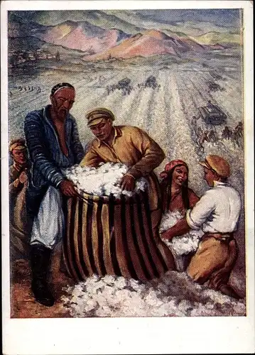 Künstler Ak Sowjetische Propaganda, Kollektivbauern, Ernte, UdSSR, Sowjetunion