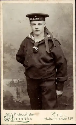 Foto Deutscher Seemann in Uniform, SMS Moltke, Fotograf W. Laukühn, Kiel
