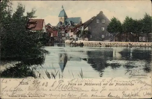 Ak Mölln im Herzogtum Lauenburg, Mühlenteich, Nicolaikirche