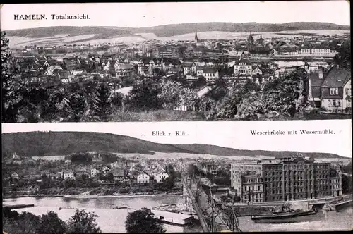 Ak Hameln an der Weser Niedersachsen, Totale, Blick z. Klüt, Weserbrücke, Wesermühle