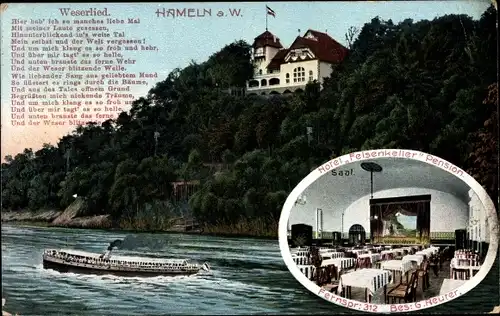 Ak Hameln in Niedersachsen, Hotel Felsenkeller, Weserlied, Dampfer