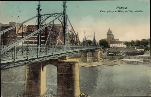 Ak Hameln an der Weser Niedersachsen, Weserbrücke u. Blick auf Münster