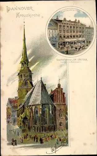 Litho Hannover in Niedersachsen, Kreuzkirche,, Geschäft J. W. Sältzer