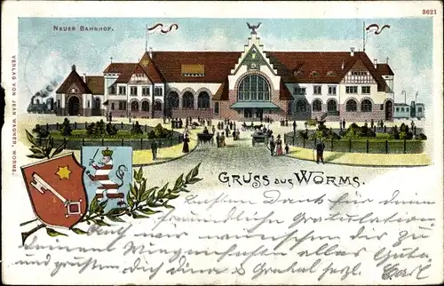 Ak Worms am Rhein, Neuer Bahnhof, zwei Wappen