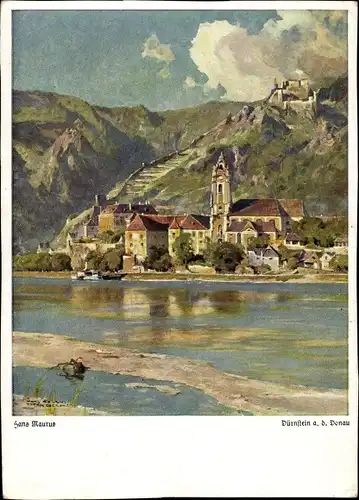 Künstler Ak Maurus, Hanns, Dürnstein in Niederösterreich, Flusspartie mit Ortschaft