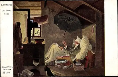 Künstler Ak Spitzweg, Carl, Der arme Poet, Regenschirm, Bücher