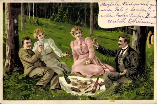 Künstler Litho Mailick, Picknick im Freien, junge Paare