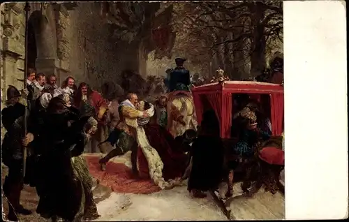 Künstler Ak Menzel, Adolph von, Paar, Umarmung, Schlittengespann