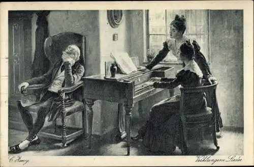 Künstler Ak Zewy, Verklungene Lieder, Frau am Klavier, Mann