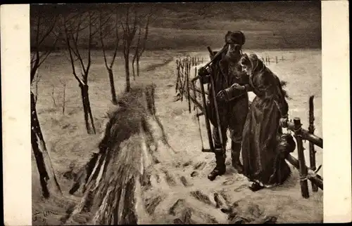 Künstler Ak Uhde, Der schwere Gang, Mann mit Säge, Frau