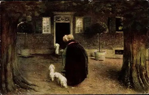 Künstler Ak Fehr, Friedrich, Die Alte, Frau mit Hunden