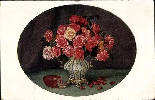 Künstler Ak Keller, Marie, Rosenstrauß in einer Blumenvase, Stillleben