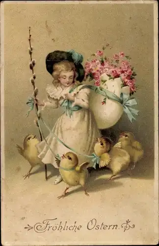 Präge Litho Glückwunsch Ostern, Mädchen mit Rosen und Weidenkätzchen, Küken