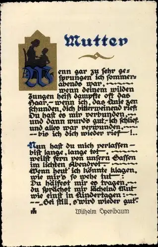 Gedicht Ak Muttertag, Wilhelm Sperlbaum, Mutter, Wenn gar zu sehr gesprungen ich