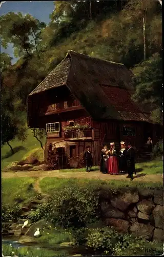 Künstler Ak Hoffmann, H., Aus dem Schapbachtal, Personen in Trachten vor einem Schwarzwaldhaus