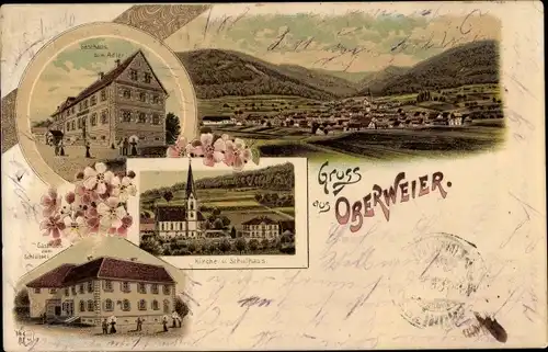 Litho Oberweier Friesenheim im Schwarzwald Baden, Kirche, Schule, Gasthaus zum Schlüssel, z. Adler