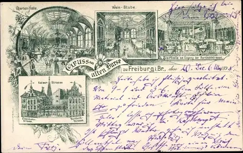Litho Freiburg im Breisgau, Zur alten Burse, Bierhalle, Weinstube, Kaiserstraße, Eisenbahnstraße