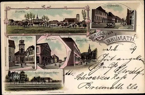 Litho Brumath Elsass Bas Rhin, Hauptstr., Kath. Kirche, Rathaus, Ev. Kirche, Kaiserin Auguste Spital