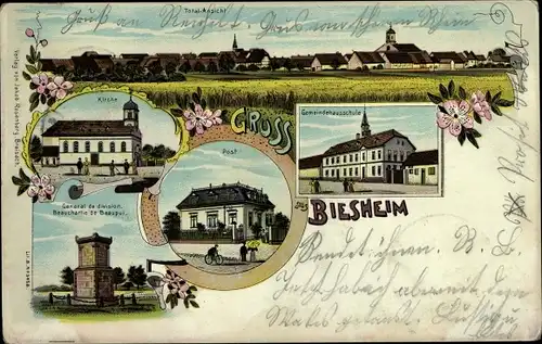 Litho Biesheim Elsass Haut Rhin, Kirche, Post, Gemeindehausschule, Denkmal, Panorama
