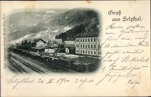 Ak Selzthal Steiermark, Bahnhof, Güterwaggons, Hotel zur Krone