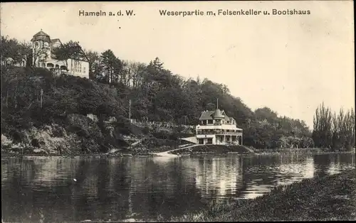 Ak Hameln an der Weser Niedersachsen, Weserpartie, Felsenkeller, Bootshaus