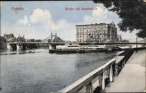 Ak Hameln in Niedersachsen, Brücke mit Wesermühle