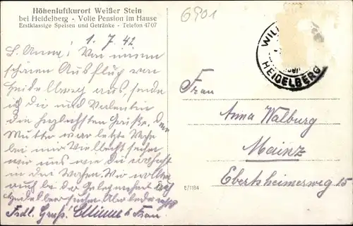 Ak Wilhelmsfeld bei Heidelberg, Pension Wolf am Weißen Stein
