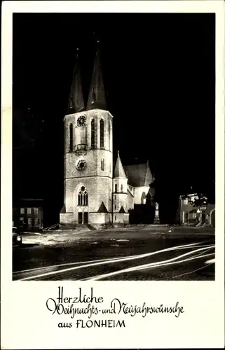 Ak Flonheim in Rheinhessen, Kirche bei Nacht