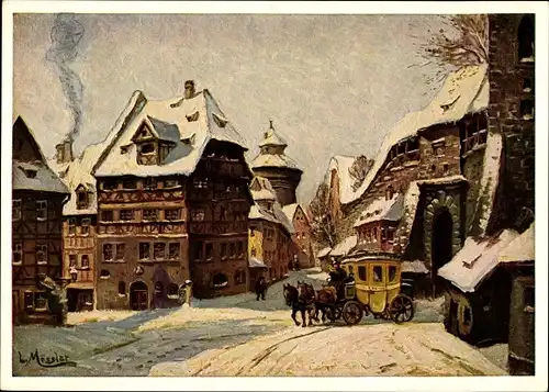 Künstler Ak Mößler, Ludwig, Nürnberg, Altstadt, Wintermorgen, Postkutsche
