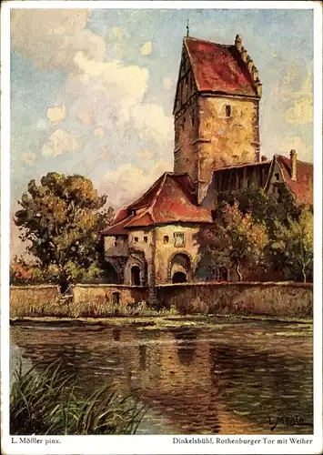 Künstler Ak Mößler, L., Dinkelsbühl, Rothenburger Tor, Weiher