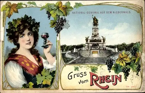 Ak Rüdesheim am Rhein, Niederwalddenkmal, Frau mit Weinglas