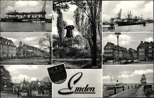Ak Emden in Ostfriesland, Nordseewerke, Windmühle, Hafen, Stephansplatz, Mole