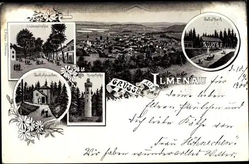 Litho Ilmenau in Thüringen, Lindenstraße, Goethehäuschen, Kickelhahn, Gabelbach, Panorama