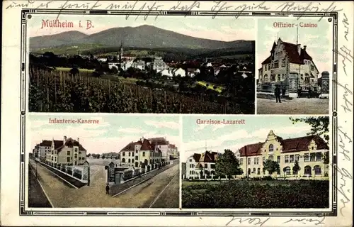 Ak Müllheim in Baden Markgräflerland, Panorama, Infanterie Kaserne, Garnison Lazarett, Kasino