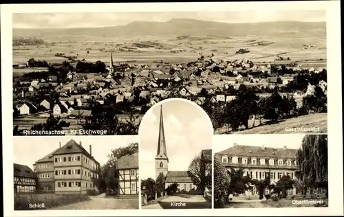 Ak Reichensachsen Wehretal in Hessen, Panorama, Kirche, Schloss, Oberförsterei