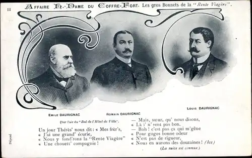 Ak Affaire Humbert Crawford, Betrügerin Therese Humbert, Emile Daurignac, Romain, Louis