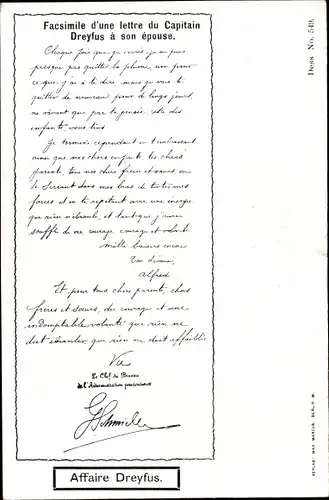 Ak Affaire Dreyfus, Facsimile d'une lettre du Capitain Dreyfus a son epouse
