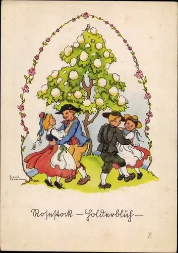 Künstler Ak Lauterborn, L., Rosestock, Holderblüh, Kinder in Trachten tanzen am Baum