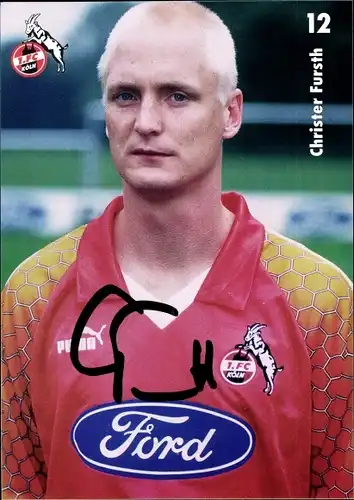 Ak Fußballspieler Christer Fursth, Portrait, Autogramm, Bundesliga, 1. FC Köln, Reklame, Ford