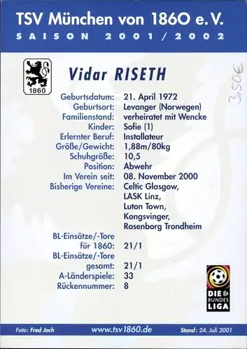 Ak Fußballspieler Vidar Riseth, TSV München 1860 eV, Portrait, Autogramm, Bundesliga, Reklame