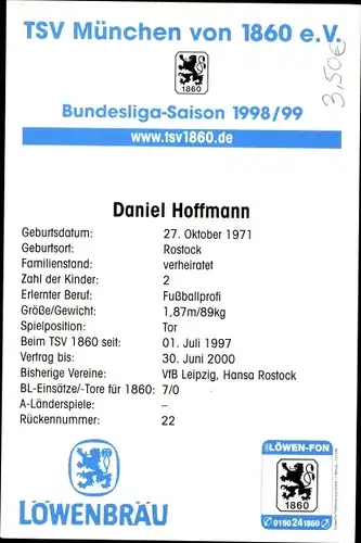 Ak Fußballer Daniel Hoffmann, Portrait, Autogramm, Reklame, TSV München 1860 eV, Bundesliga