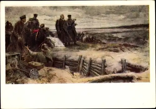 Künstler Ak Russische Soldaten auf dem Schlachtfeld