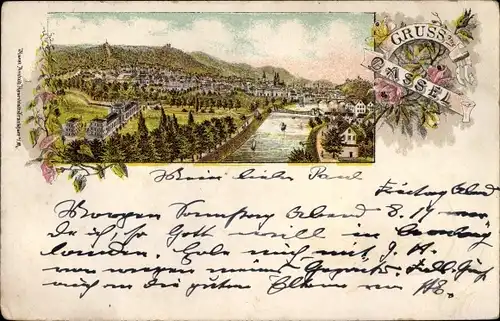 Litho Kassel in Hessen, Blick auf den Ort, Fluss