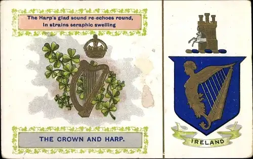 Wappen Ak Ireland, The Crown and Harp, Kleeblätter