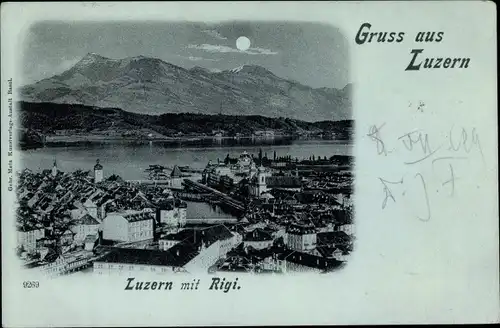 Mondschein Ak Luzern Stadt Schweiz, Panorama, Rigi