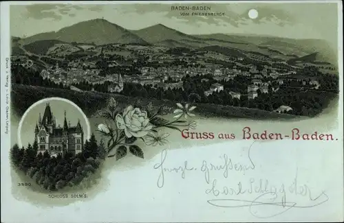 Mondschein Litho Baden Baden am Schwarzwald, Gesamtansicht, Schloss Solms