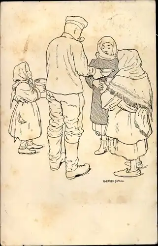 Künstler Ak Paul, Gerd, Deutscher Soldat gibt Kindern Essen, I. WK